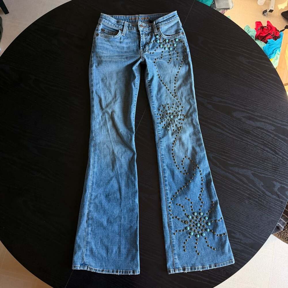 Streets Ahead Bootcut Jeans Size 24 Studded Turquoise Boho Y2K